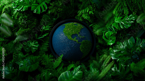 Earth globe surrounded by various lush green tropical plants