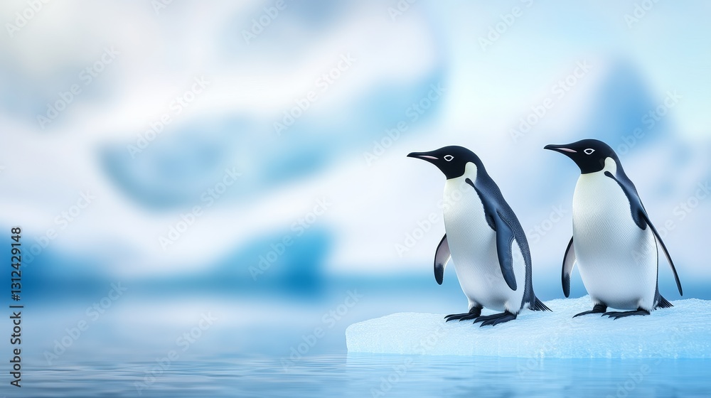 Fototapeta premium Two penguins standing on an ice floe with a serene blue background and distant icebergs