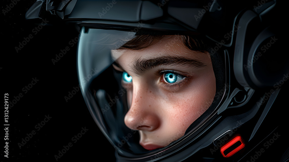 A young person with glowing eyes wearing a space helmet