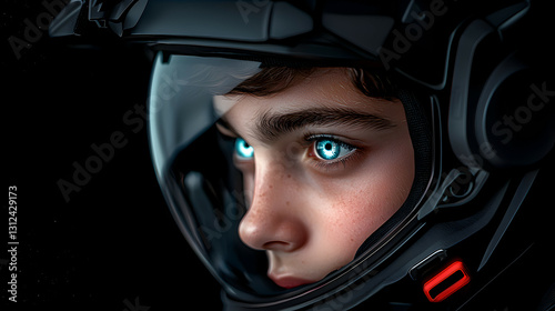 Obraz na płótnie A young person with glowing eyes wearing a space helmet w salonie