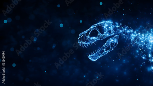 Dinosaur fossil with glowing organic molecules, an ancient and intriguing scientific depiction of prehistoric life with an emphasis on the glowing detail of the molecules.
 photo