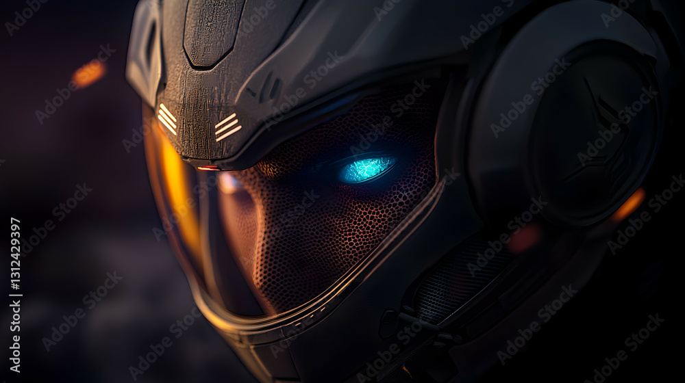 A futuristic person wearing a dark technological helmet gazing intensely