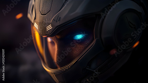 Obraz na płótnie A futuristic person wearing a dark technological helmet gazing intensely w salonie