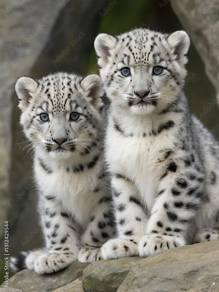 Snow leopards, Uncia uncia or Panthera uncial, 2 months old Snow leopards, Uncia uncia or Panthera uncial, 2 months old