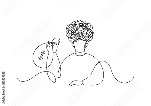 Man holding bag with money. Continuous line drawing.
