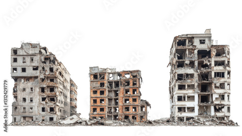 Ruined buildings representing war destruction on transparent background photo