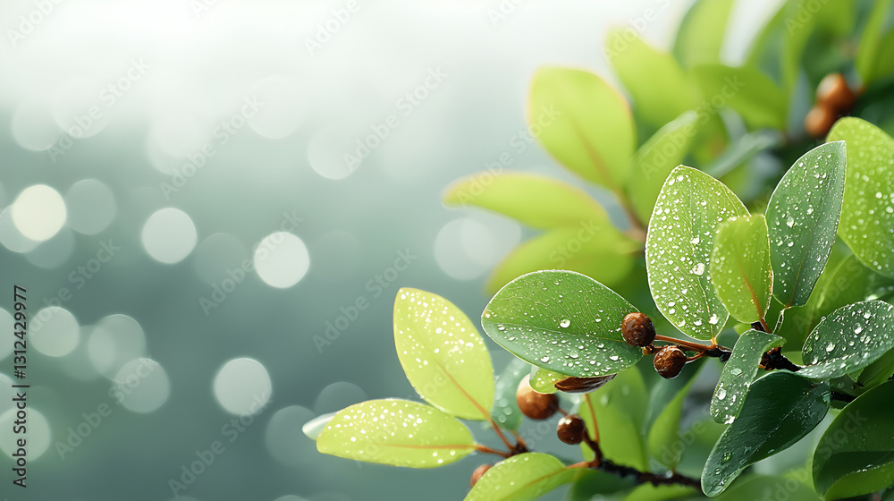 Dew Covered Green Leaves With Bokeh Background Details