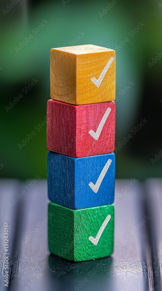 Colorful Wooden Blocks Stacked with Check Marks: A Symbol of Success and Accomplishment, Perfect for Business, Task Management, and Positive Affirmation Concepts