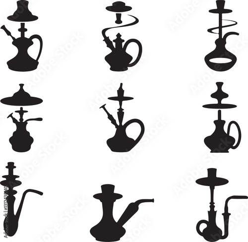Silhouettes of Hookah and Shisha Pipes in Varied Design Vector Icon Set for Cafe, Lounge and Decorative