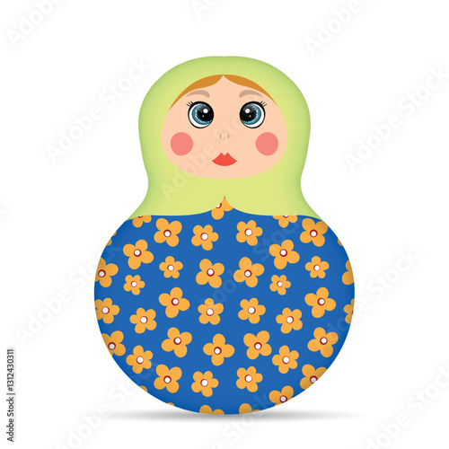 Russian Matryoshka. Traditional Russian folklore dolls with big eyes and lips. Babushka doll with hohloma, traditional painted floral pattern. Hand drawn vector illustration.