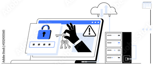 Hand stealing keys from secure laptop screen with padlock, password, servers, and cloud alert. Ideal for cybersecurity, data protection, hacking threats, online safety, secure access digital
