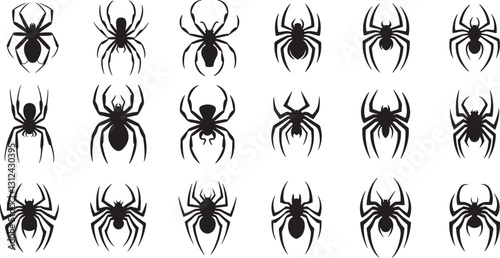 Creepy spider silhouette vector icons set. Black widow, tarantula, and horror spider clipart for Halloween, tattoos, or web graphics