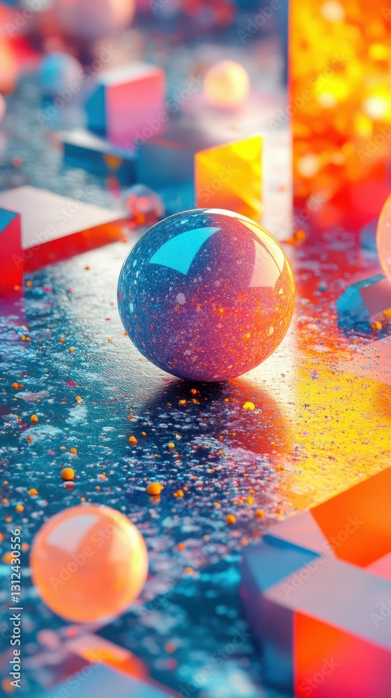 Colorful abstract composition of spheres and geometric shapes illuminated by vibrant lighting in a creative studio setting Colorful abstract composition of spheres and geometric shapes illuminated by vibrant lighting in a creative studio setting