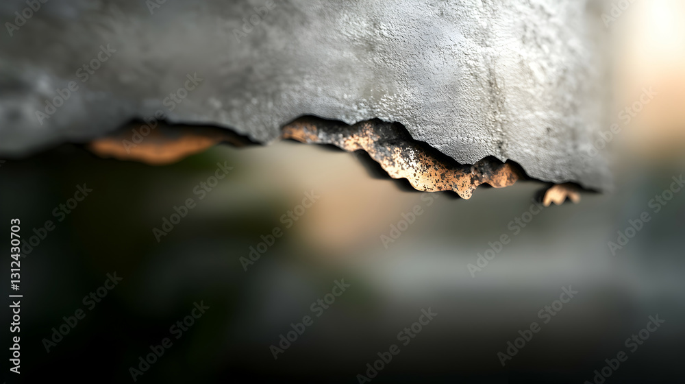 Close up view of a cracked and textured surface edge