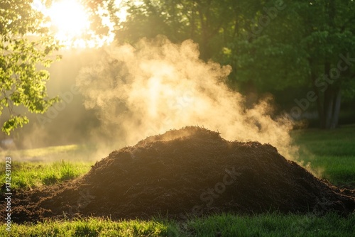 Steaming compost pile in sunlit garden surrounded by greenery
