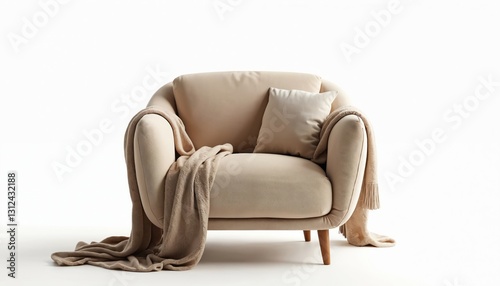 Beige single armchair render with round pillow, blanket on transparent background. Wooden legs. Comfortable old-fashioned furniture for home interior. Soft couch in simple style. Contemporary room