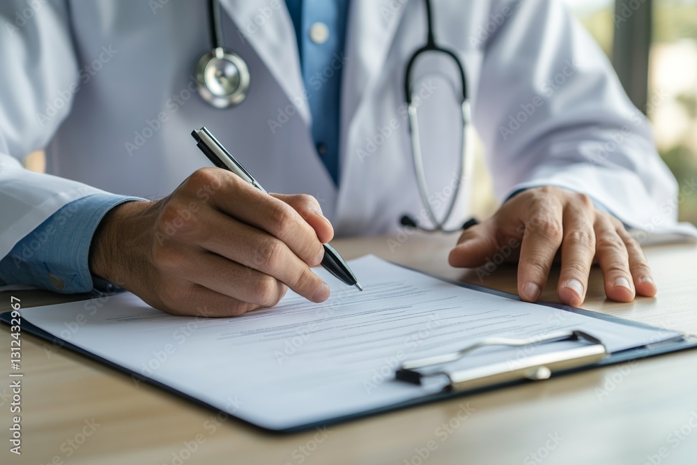 Adult male doctor writing on medical chart in hospital office Adult male doctor writing on medical chart in hospital office