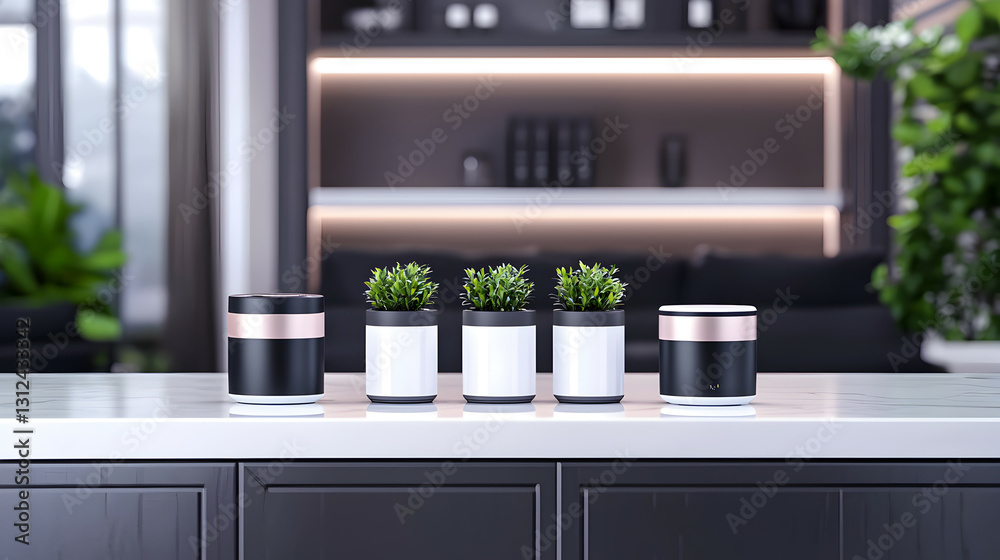 Decorative plant pots and devices arranged on a countertop surface