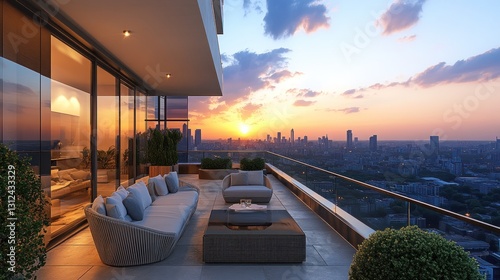 Luxurious apartment balcony with a stunning city view at sunset