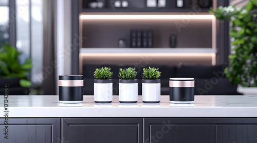 Obraz na płótnie Decorative plant pots and devices arranged on a countertop surface w salonie