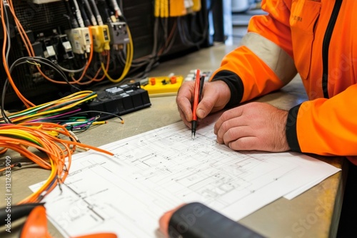 Caucasian male adult technician reviewing electrical plans in high-visibility jacket