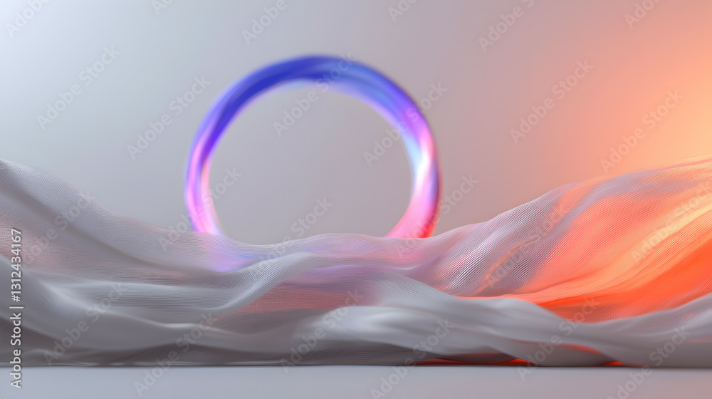 A luminous ring floats above a flowing fabric draped surface