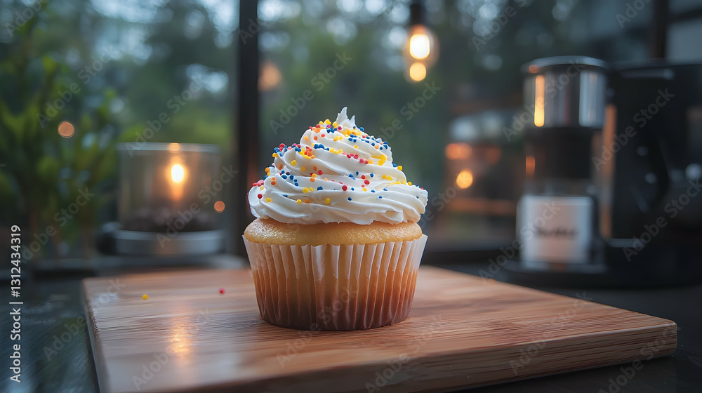 A frosted cupcake with sprinkles on a wooden cutting board