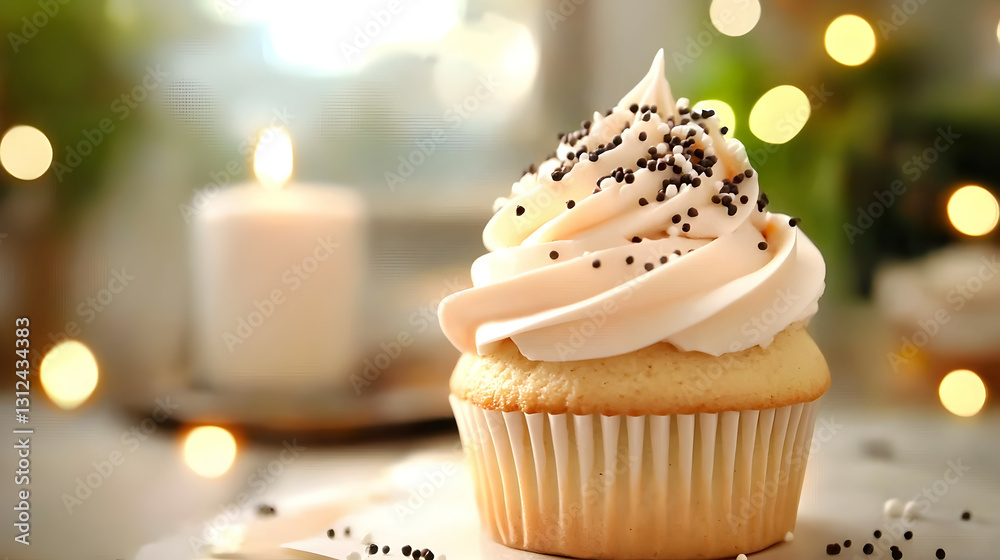 A Decorated Cupcake Sitting Beside a Lit Up White Candle