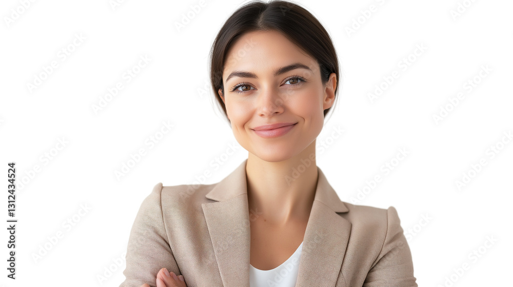 Professional businesswoman in a stylish beige blazer, smiling warmly, sleek modern hairstyle, soft and even lighting, isolated on a pure white background,png Professional businesswoman in a stylish beige blazer, smiling warmly, sleek modern hairstyle, soft and even lighting, isolated on a pure white background,png
