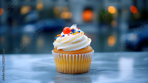 Obraz na płótnie A delicious cupcake with frosting and colorful sprinkles on a table w salonie