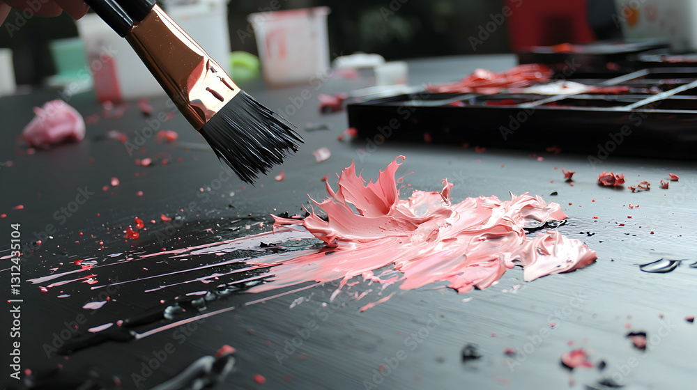 A paintbrush applying pink paint to a dark colored surface