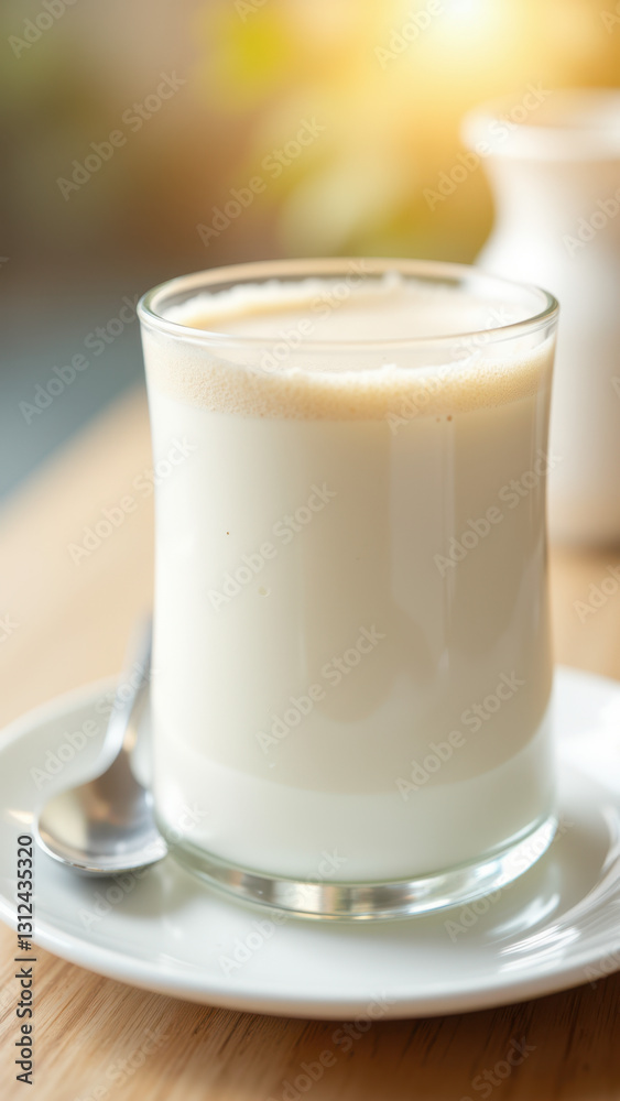 A cup of steamed milk with a spoon, on a dining table. A cup of steamed milk with a spoon, on a dining table.