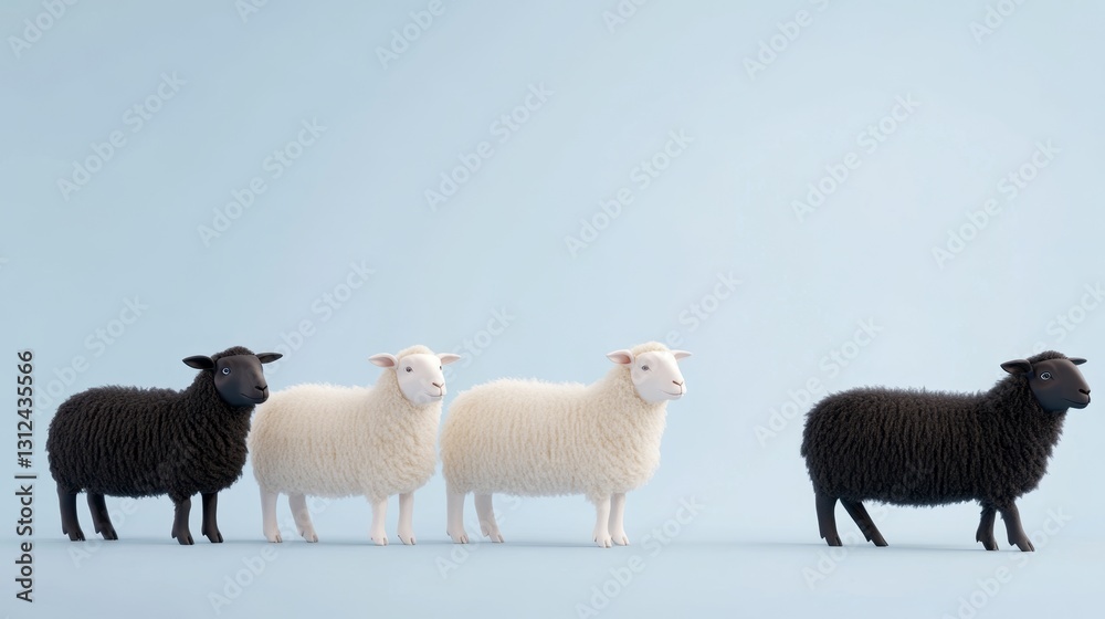 group of white sheep in business attire following a chart, while a black sheep walks the opposite direction. ai generated group of white sheep in business attire following a chart, while a black sheep walks the opposite direction. ai generated
