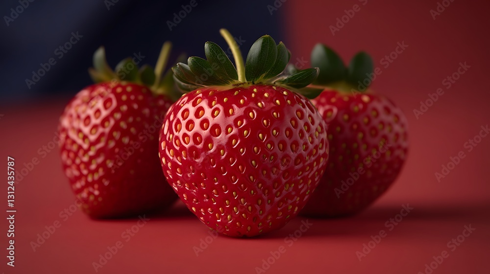 Strawberries on red, close-up. Dark blue adds contrast. Use for recipe, healthy eating, or summertime themes Strawberries on red, close-up. Dark blue adds contrast. Use for recipe, healthy eating, or summertime themes