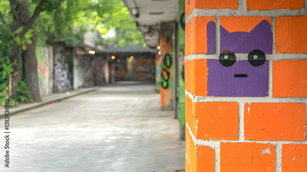 A colorful painted brick pillar with a cartoon face on it