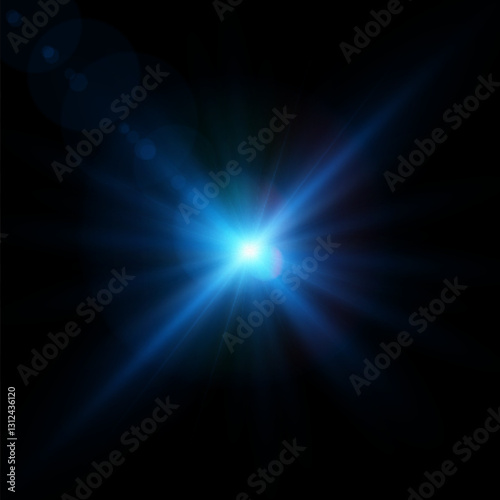 Bright blue lens flare light reflection. Abstract glow and star effect for illustrations and game interface design. Vector