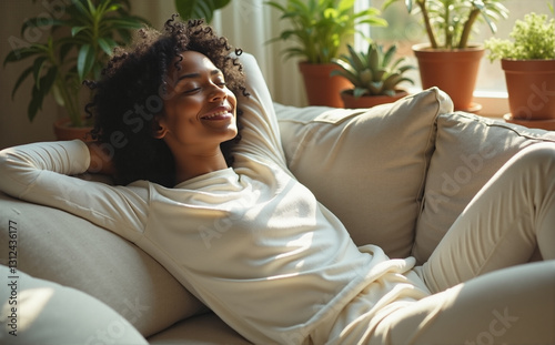 african-american woman in white long-sleeved top toprelaxing on a couch
