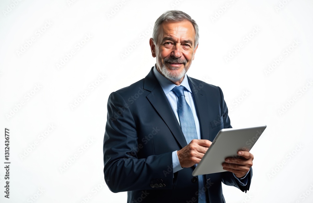 Aged caucasian businessman portrait. Senior man smiles using a tablet. Entrepreneur wears suit, tie in studio setting. Leader holds digital gadget. Mature male boss in formal clothes works. Aged caucasian businessman portrait. Senior man smiles using a tablet. Entrepreneur wears suit, tie in studio setting. Leader holds digital gadget. Mature male boss in formal clothes works.