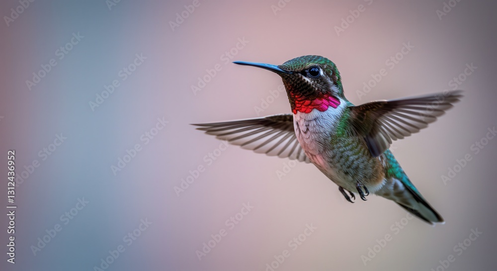 Fototapeta premium Hummingbird Flying with Wings Spread Colorful Bird in Flight Close-up