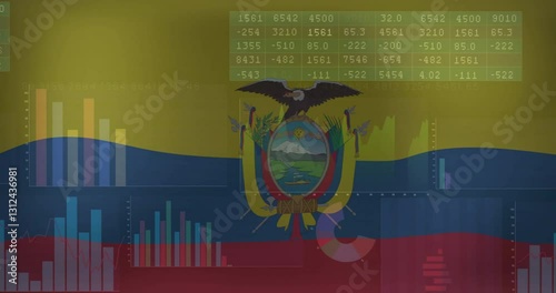 Ecuadorian flag with financial graphs and data animation overlaying background