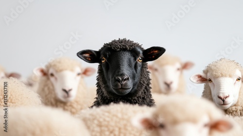 group of white sheep in business attire following a chart, while a black sheep walks the opposite direction. ai generated