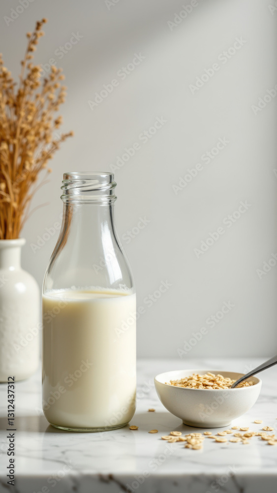 A2A2 milk with a bowl of cereal and a bottle sitting on a marble table. A2A2 milk with a bowl of cereal and a bottle sitting on a marble table.
