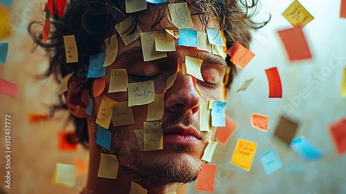 Man covered in sticky notes, overwhelmed with tasks, indoor setting, possible use in stress or productivity articles
