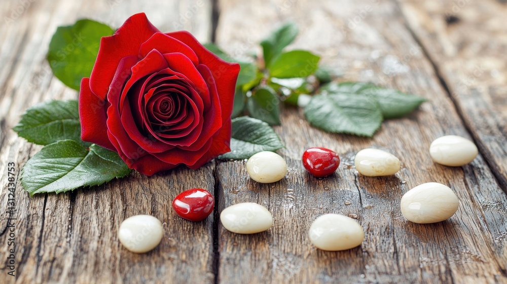Red Rose & Stones on Wooden Tabletop Red Rose & Stones on Wooden Tabletop