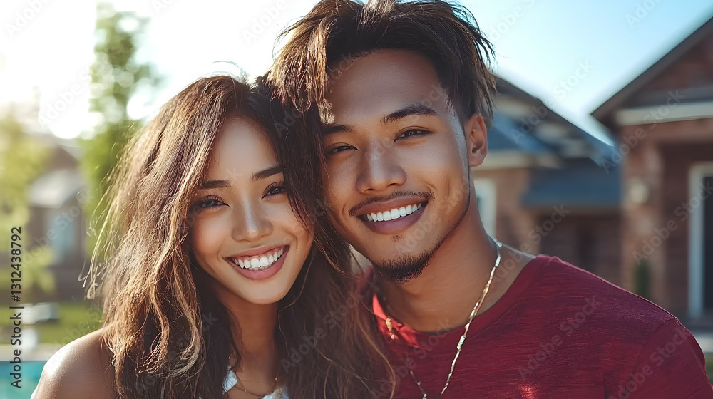Two smiling individuals embrace each other in a beautiful outdoor setting