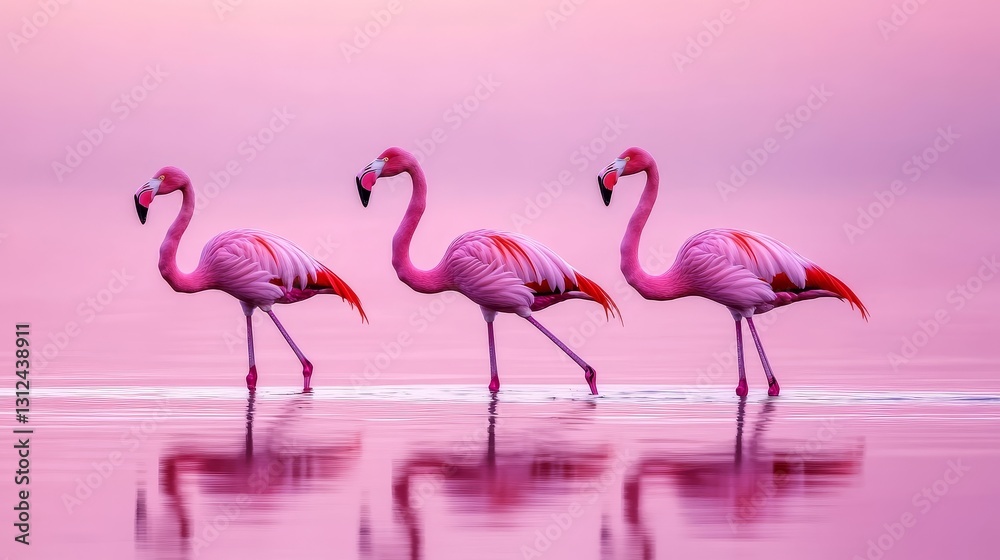 Obraz premium Three graceful flamingos walking along a serene pink lake at sunset, reflecting vibrant color