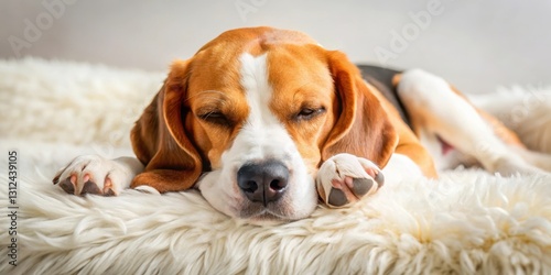 Beagle dog sleeping on sheepskin with legs curled up and paws tucked in, relaxation, animalrelaxation photo