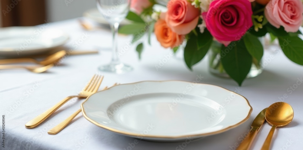 Gleaming gold flatware, pristine white tablecloth, floral centerpiece, wine, fine dining Gleaming gold flatware, pristine white tablecloth, floral centerpiece, wine, fine dining