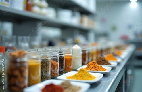 Diverse spices, herbs assortments in glass jars, plates arranged on kitchen bench. Food quality control in lab, spice color palette, flavors variety, culinary ingredient samples for expert