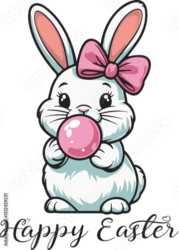 Cute Easter Bunny with Bubblegum - Playful Festive Illustration